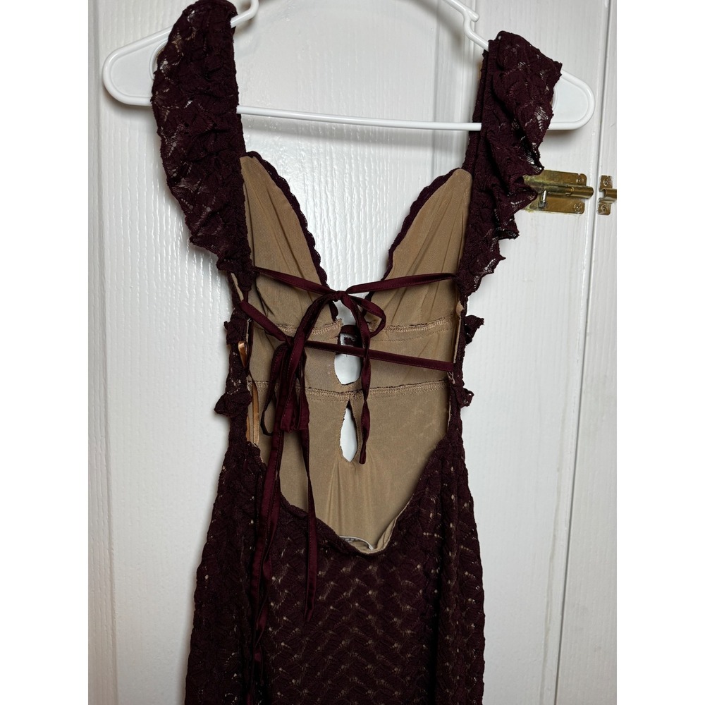 MESHKI Ezra Lace Maxi Dress XXS Open Back Ruffle Sleeve Mermaid Gown Wine - Picture 7 of 8